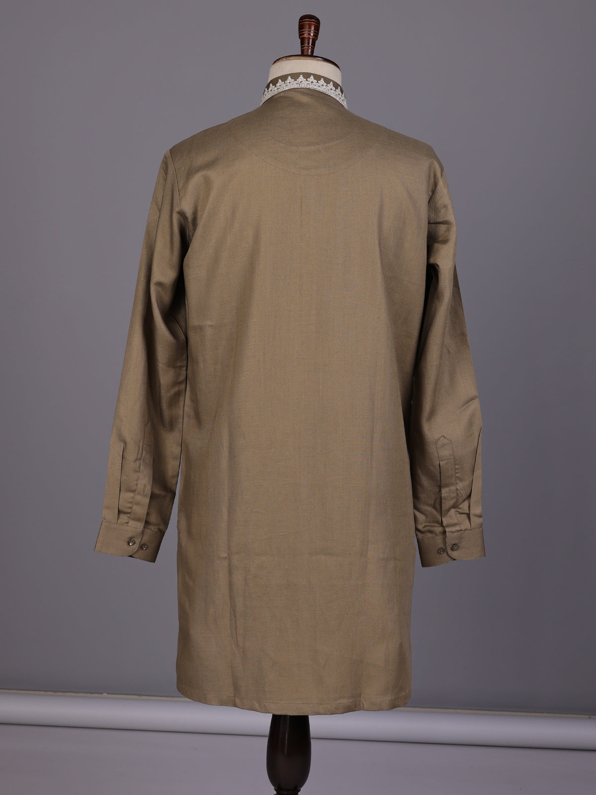 Dark khaki ivory thread embroidered cotton silk kurta for mens