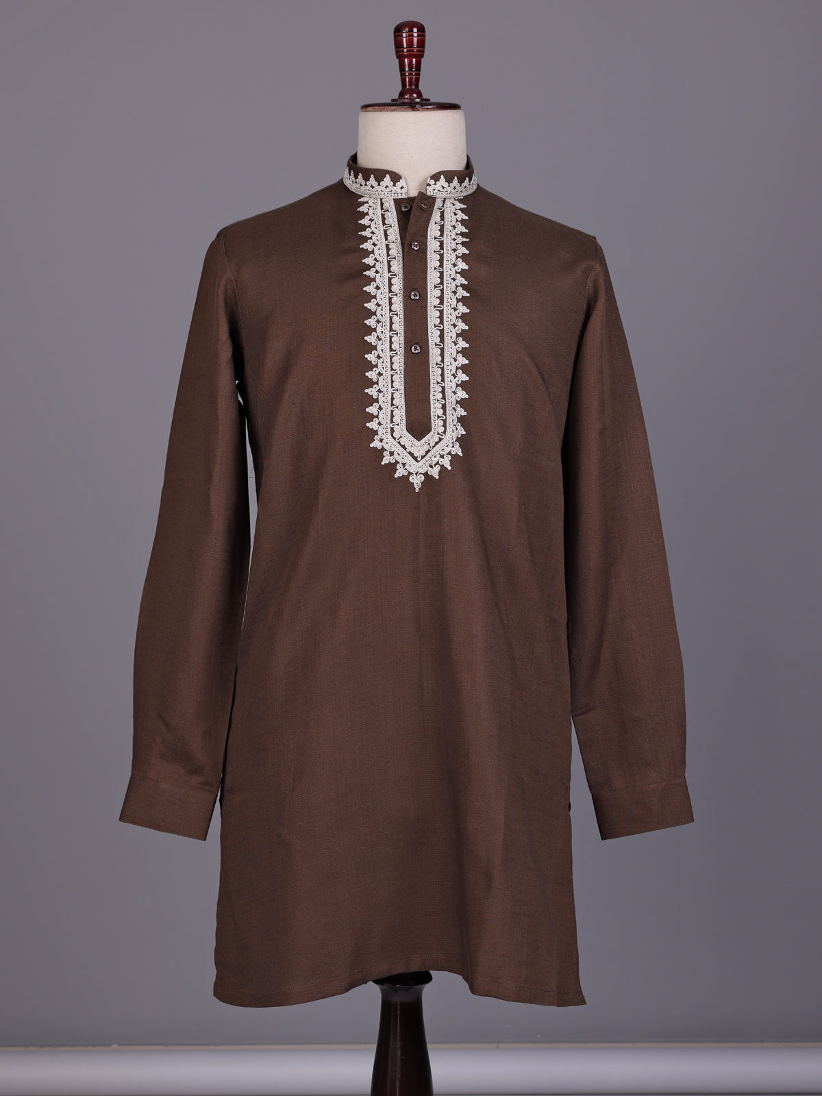Brown ivory thread embroidered cotton silk kurta for mens
