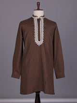 Brown ivory thread embroidered cotton silk kurta for mens