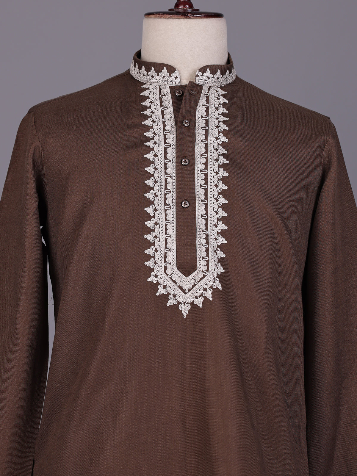 Brown ivory thread embroidered cotton silk kurta for mens