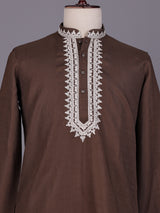 Brown ivory thread embroidered cotton silk kurta for mens