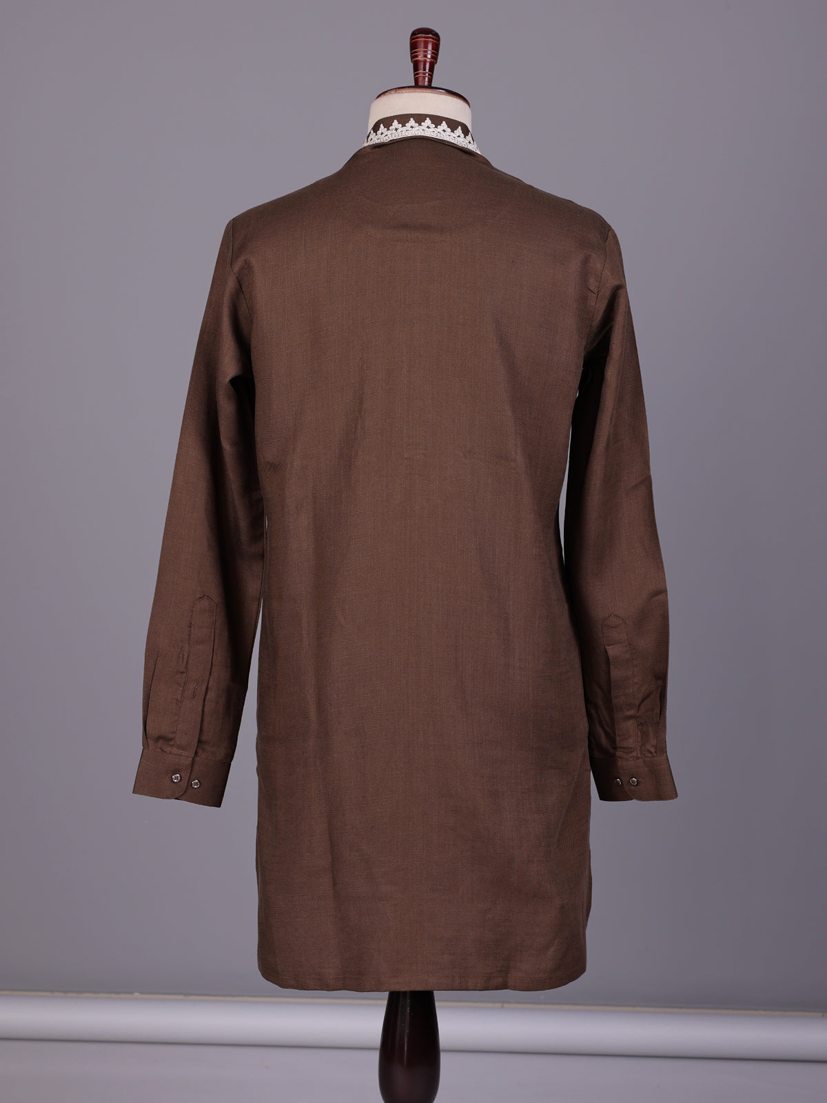Brown ivory thread embroidered cotton silk kurta for mens