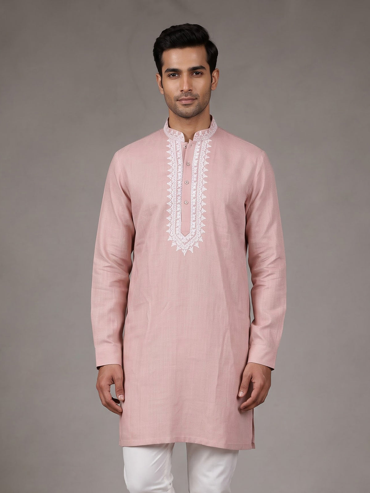 Pink ivory thread embroidered cotton silk kurta for mens