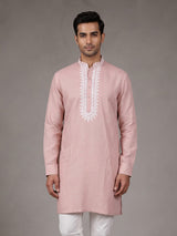 Pink ivory thread embroidered cotton silk kurta for mens