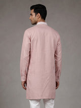 Pink ivory thread embroidered cotton silk kurta for mens