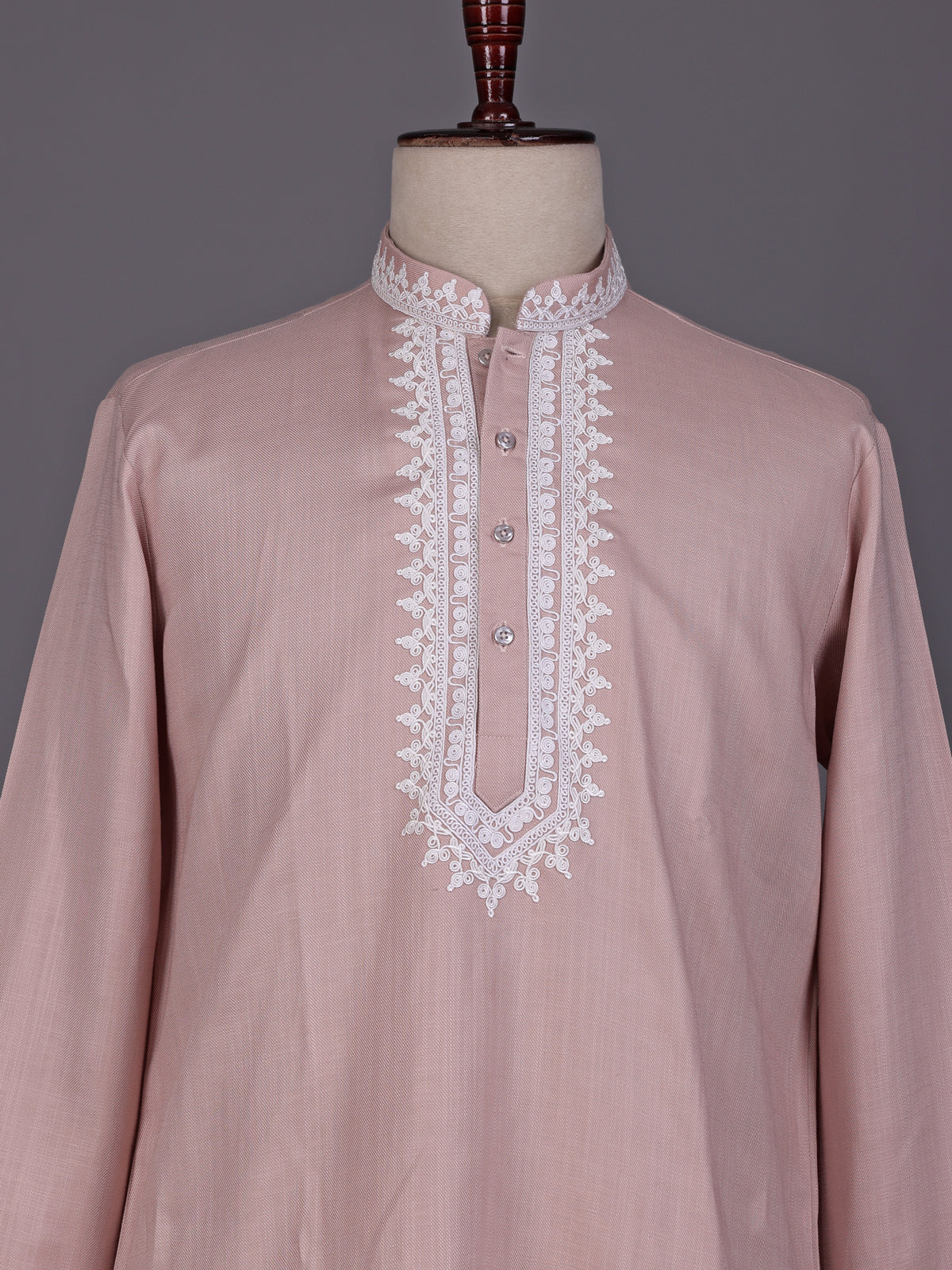Pink ivory thread embroidered cotton silk kurta for mens