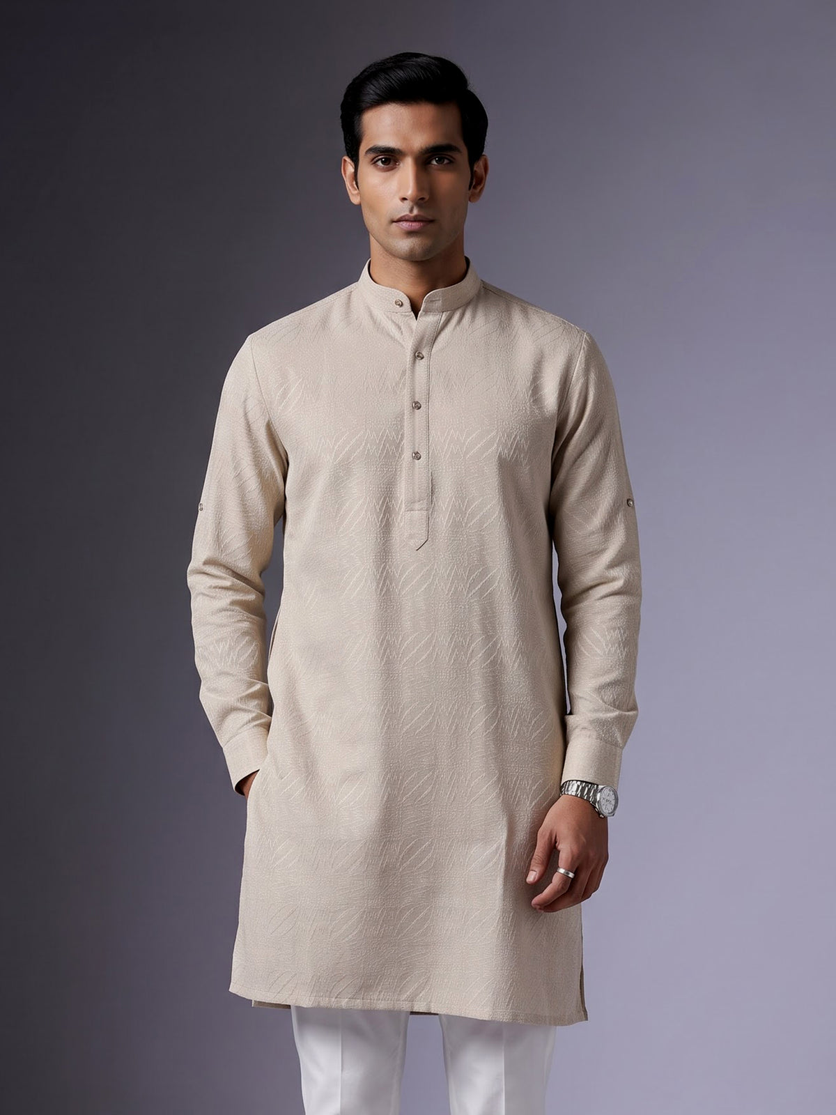 Off white embroidered cotton linen Chinese collar kurta for mens