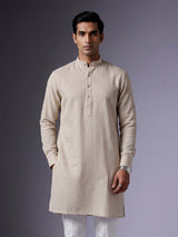 Off white embroidered cotton linen Chinese collar kurta for mens