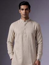 Off white embroidered cotton linen Chinese collar kurta for mens