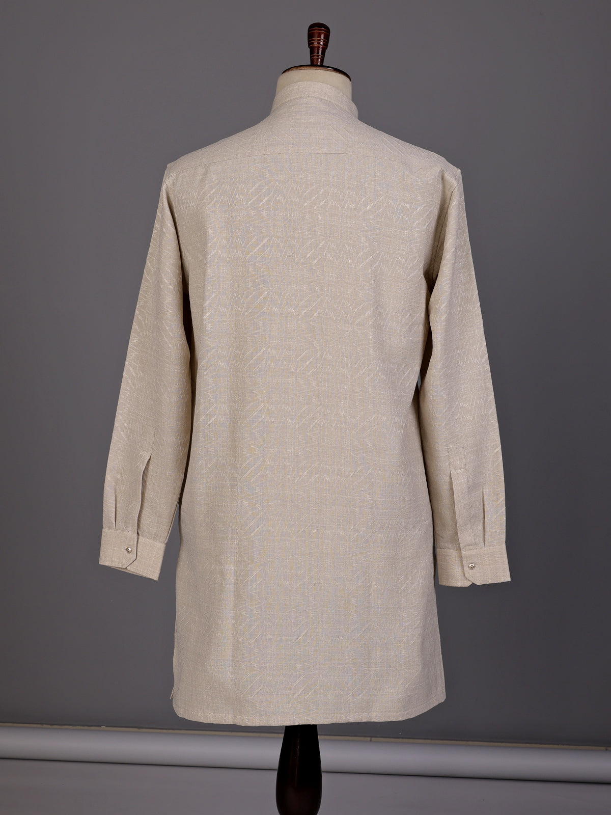 Off white embroidered cotton linen Chinese collar kurta for mens