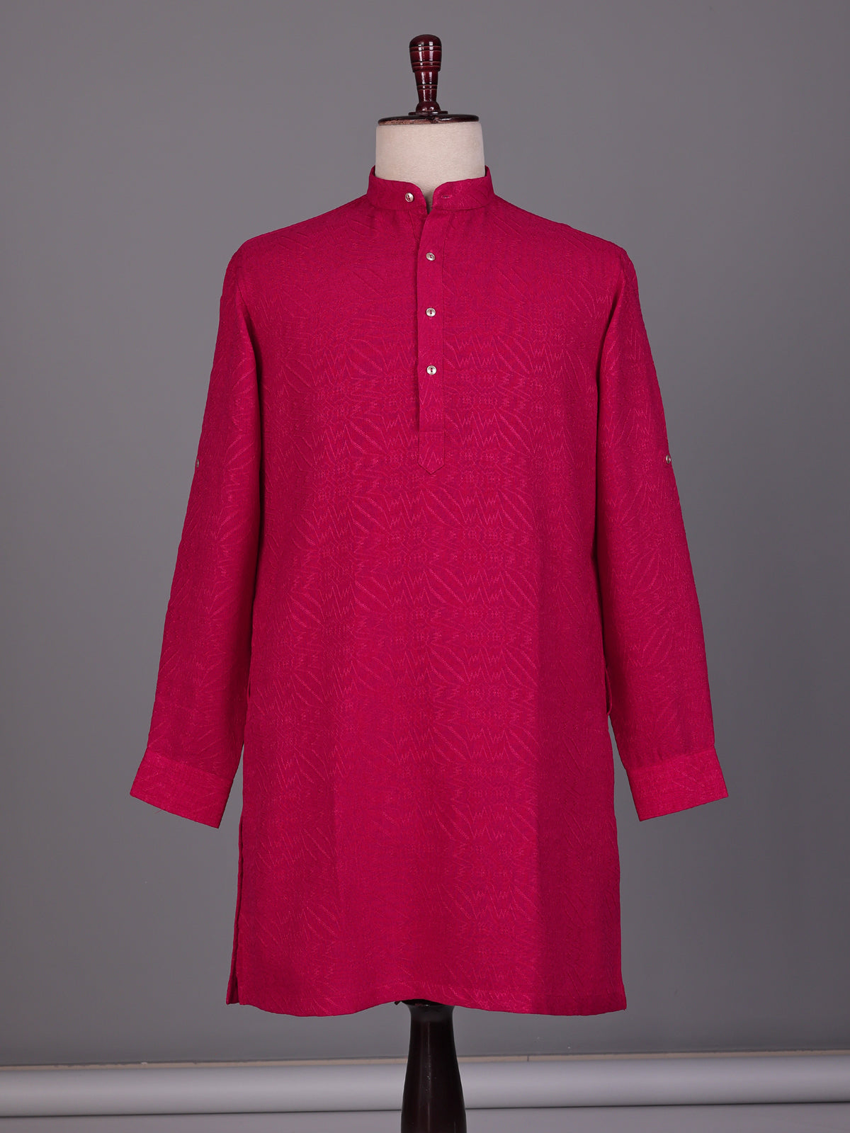 Rani pink embroidered cotton linen Chinese collar kurta for mens