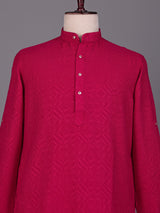 Rani pink embroidered cotton linen Chinese collar kurta for mens