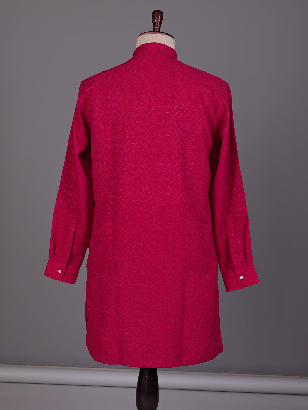 Rani pink embroidered cotton linen Chinese collar kurta for mens
