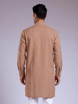 Camel beige embroidered cotton linen Chinese collar kurta for mens