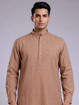 Camel beige embroidered cotton linen Chinese collar kurta for mens