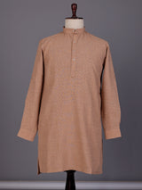 Camel beige embroidered cotton linen Chinese collar kurta for mens
