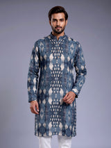 Stone grey printed silk Chinese collar kurta for mens