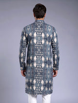 Stone grey printed silk Chinese collar kurta for mens