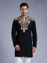 Black cream floral embroidered cotton blend kurta for mens