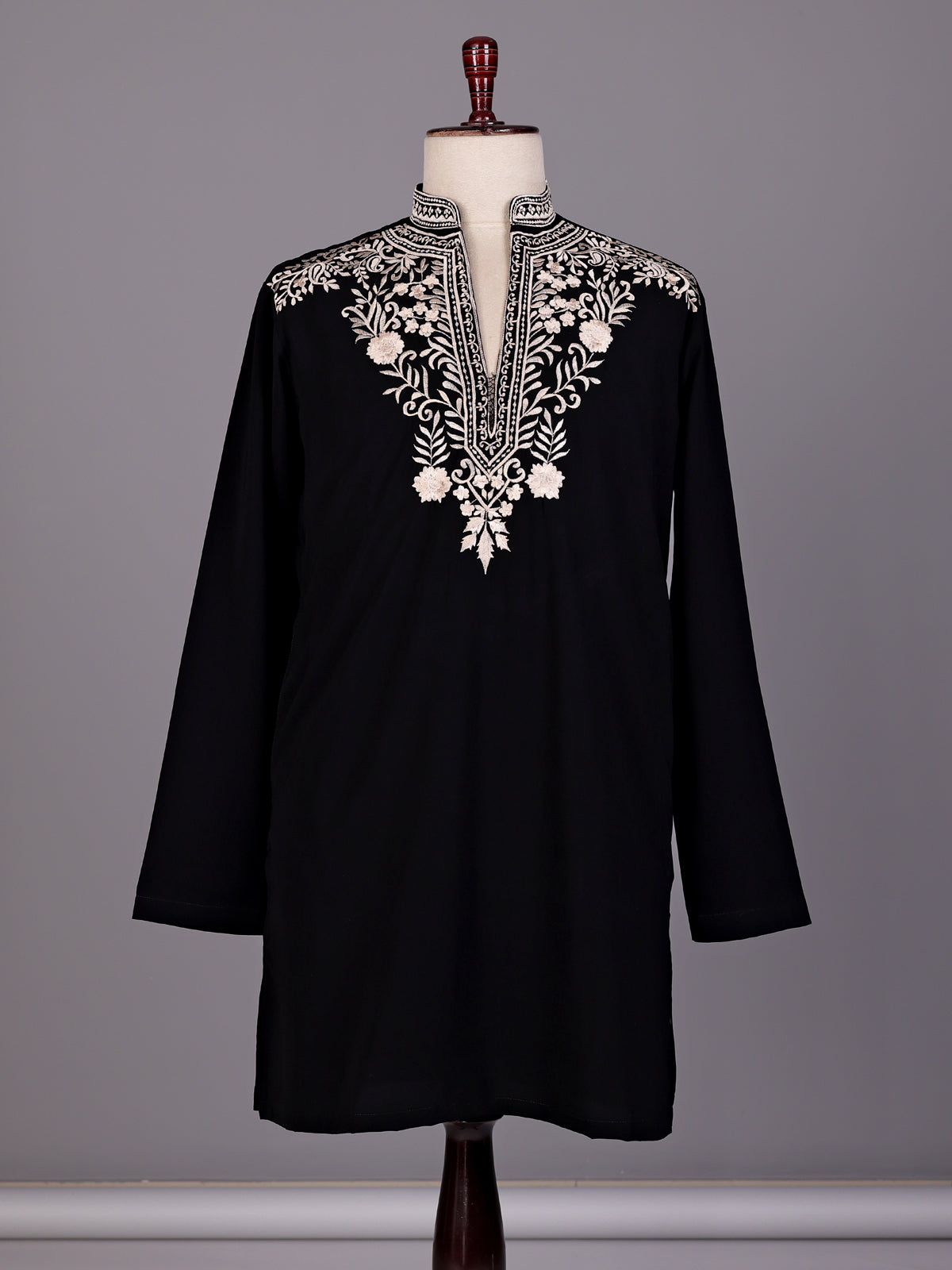 Black cream floral embroidered cotton blend kurta for mens
