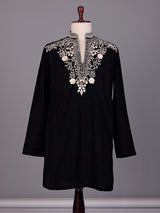 Black cream floral embroidered cotton blend kurta for mens