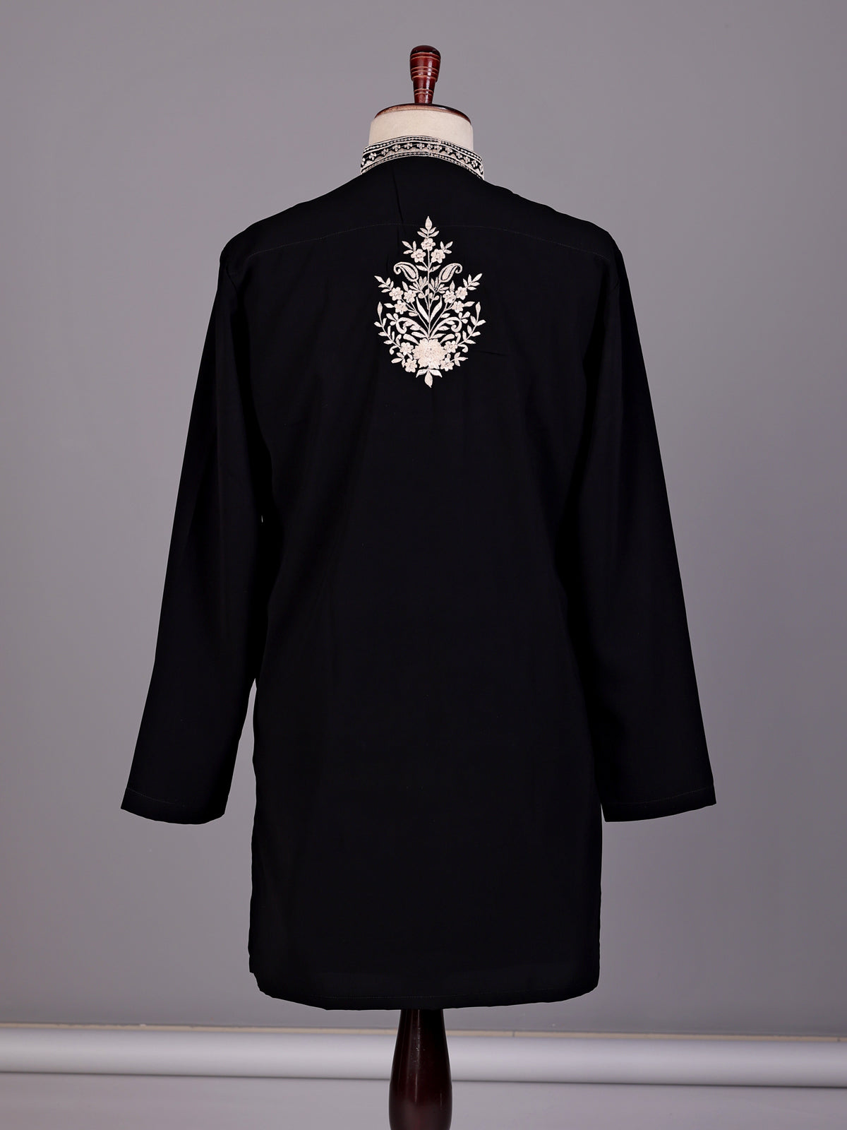 Black cream floral embroidered cotton blend kurta for mens