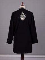 Black cream floral embroidered cotton blend kurta for mens