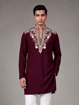 Wine cream floral embroidered cotton blend kurta for mens