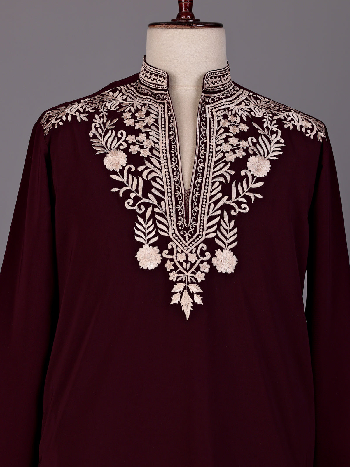 Wine cream floral embroidered cotton blend kurta for mens