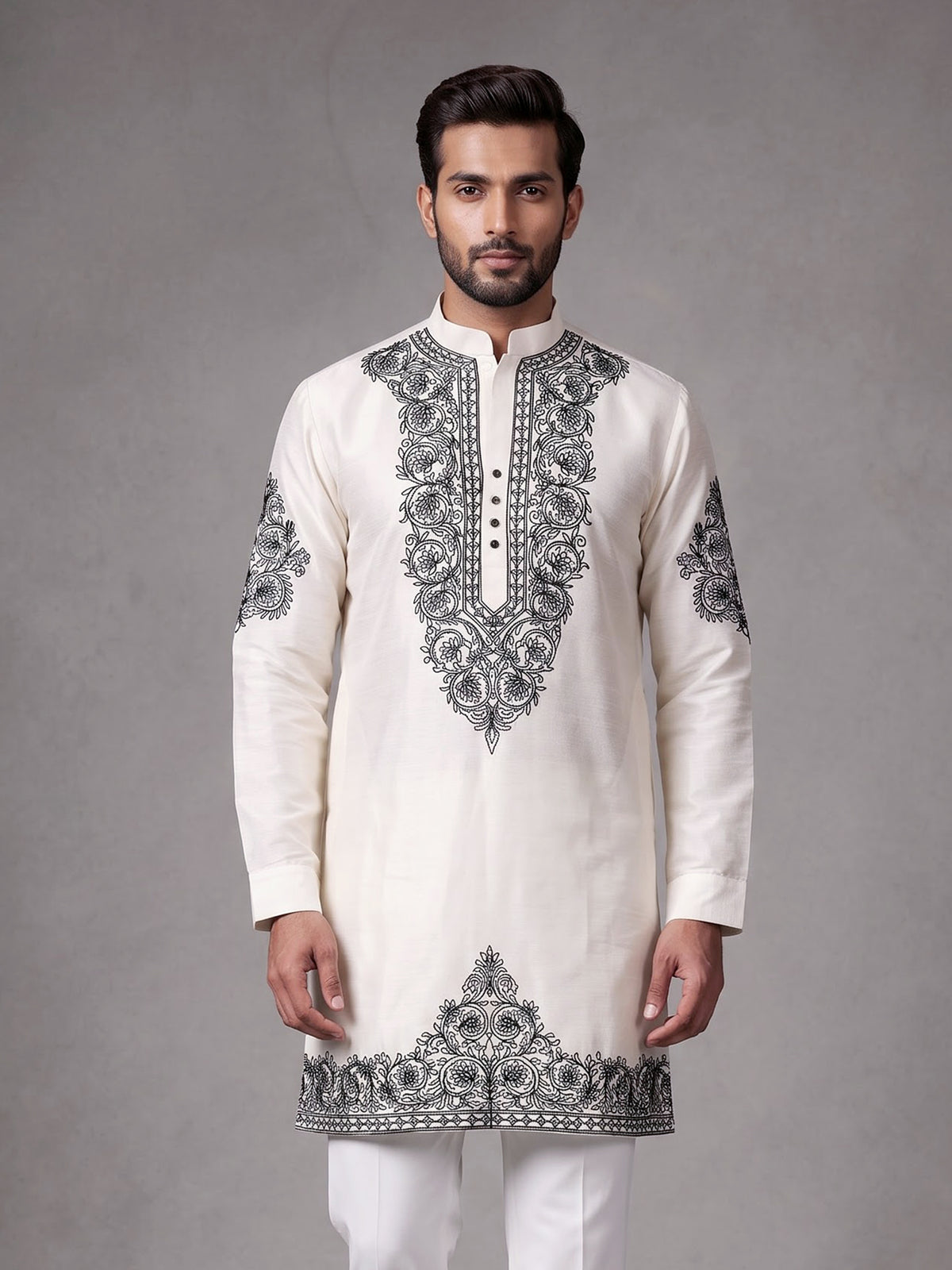 White Kashmiri floral thread poly cotton kurta for mens