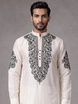 White Kashmiri floral thread poly cotton kurta for mens