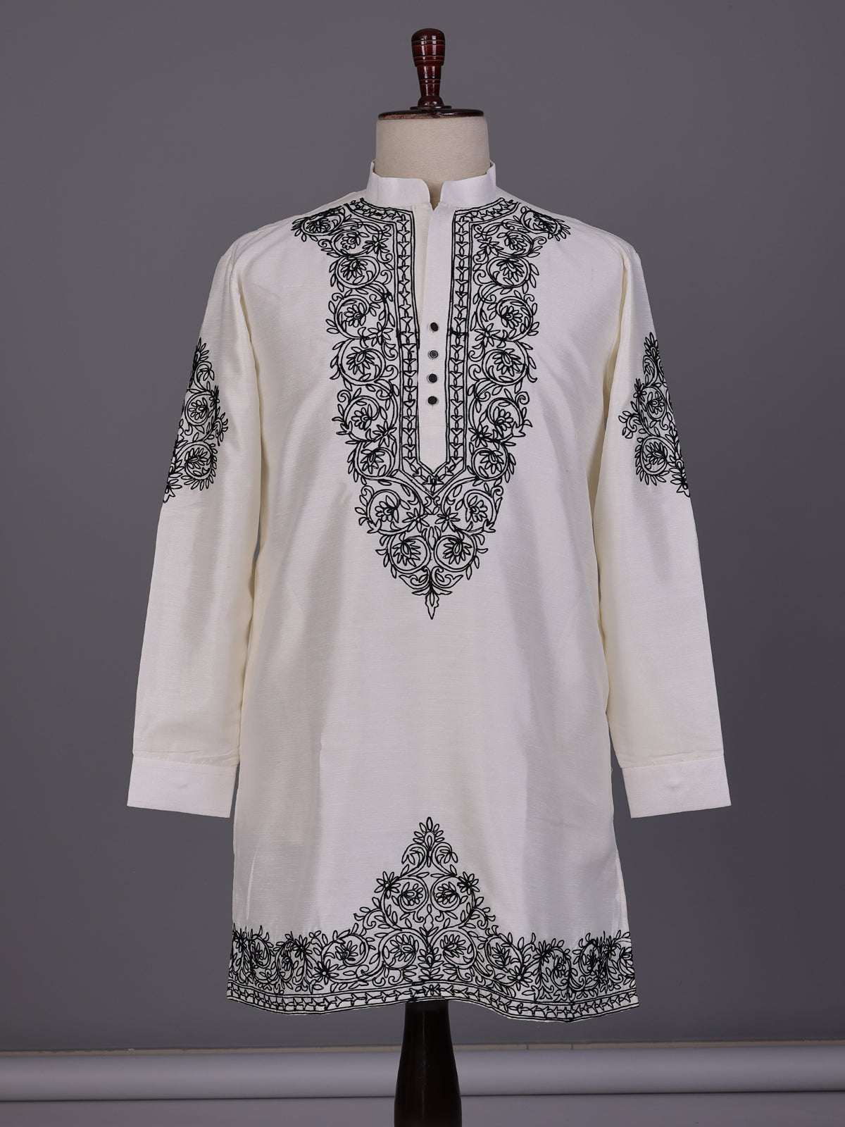 White Kashmiri floral thread poly cotton kurta for mens