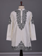 White Kashmiri floral thread poly cotton kurta for mens