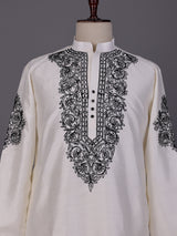 White Kashmiri floral thread poly cotton kurta for mens