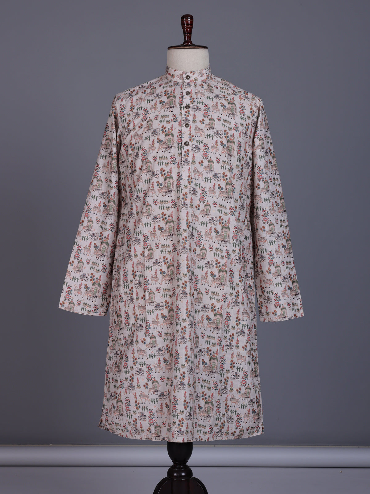 Beige cotton mens kurta suit with traditional floral vine print