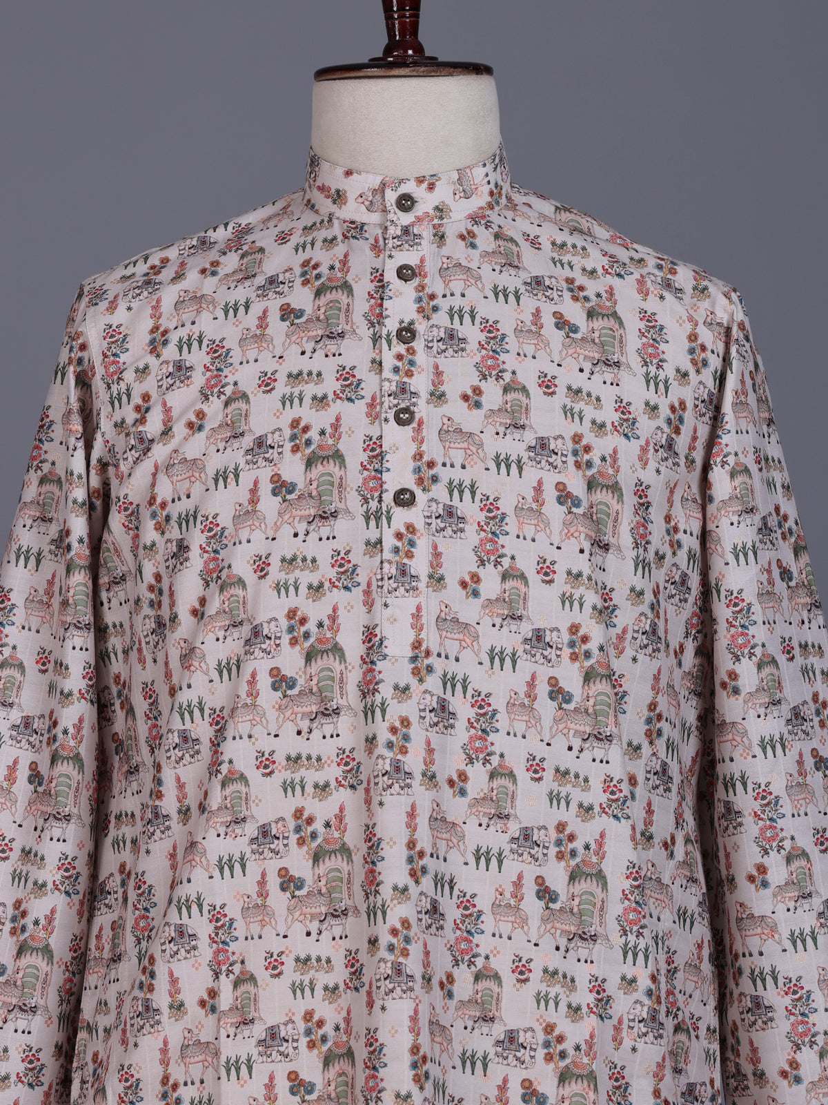 Beige cotton mens kurta suit with traditional floral vine print