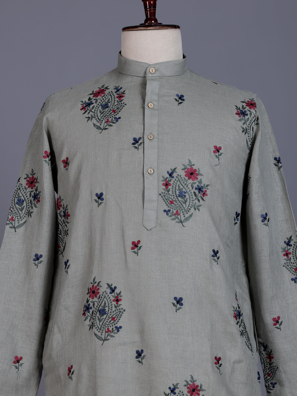 Grey cotton linen mens kurta suit with paisley floral embroidery