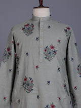 Grey cotton linen mens kurta suit with paisley floral embroidery
