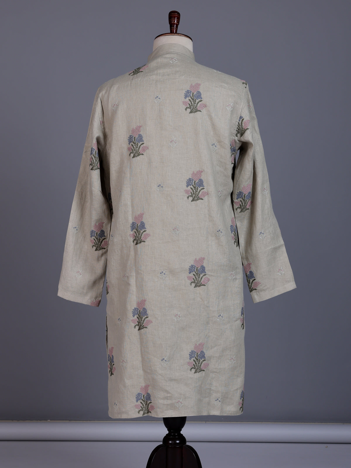 Light grey cotton linen mens kurta suit with pastel floral bootis