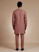 Peach cotton linen mens kurta suit with floral yoke embroidery