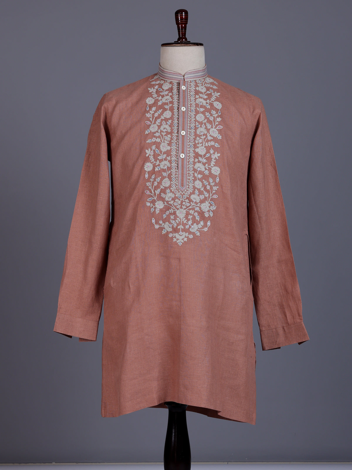 Peach cotton linen mens kurta suit with floral yoke embroidery