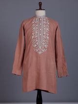Peach cotton linen mens kurta suit with floral yoke embroidery