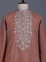 Peach cotton linen mens kurta suit with floral yoke embroidery