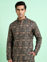 Bottle green tusser mens kurta suit with geometric tribal print