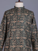 Bottle green tusser mens kurta suit with geometric tribal print