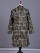 Bottle green tusser mens kurta suit with geometric tribal print