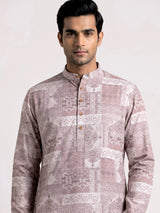 Beige cotton silk mens kurta suit with heritage architectural patchwork print