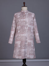 Beige cotton silk mens kurta suit with heritage architectural patchwork print