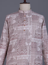 Beige cotton silk mens kurta suit with heritage architectural patchwork print