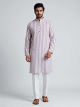 Beige cotton mens kurta suit with refined stripe threadwork